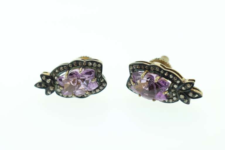 Eccentric Purple Amethyst Earrings with Gold Plated Silver with Diamond Accents