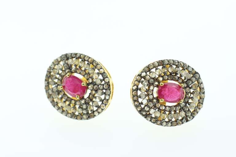 Luscious Ruby Heart Gold Plated Silver Halo Earrings engulfed in Diamonds
