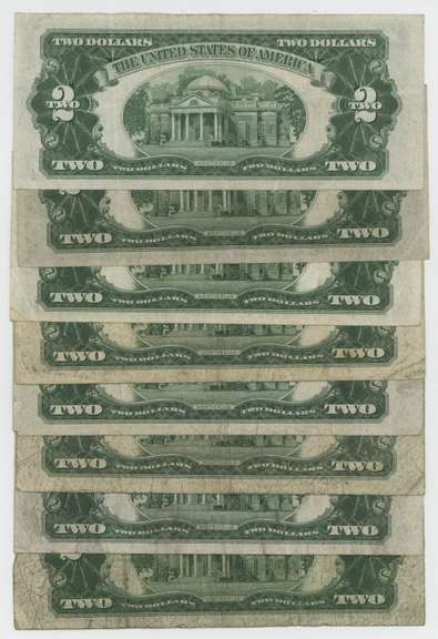 Lot of 8 Series of 1928 $2 Red Seal Notes