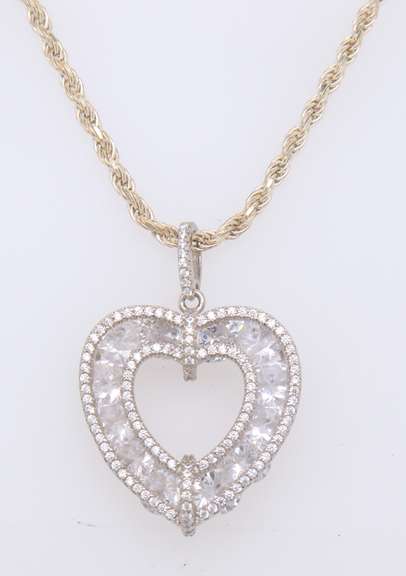 Vintage Italian Sterling Silver Cubic Zirconia Heart Shaped Pendant on Chain