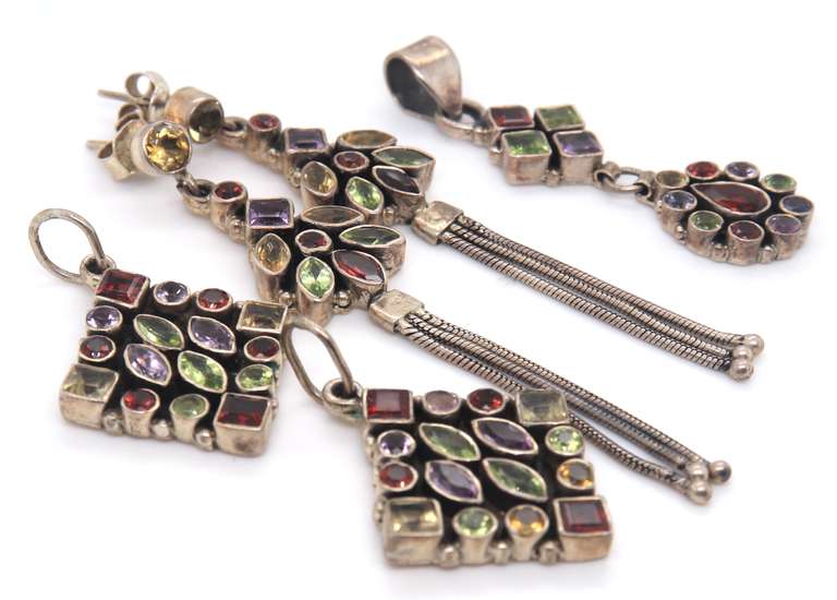Group Lot of Vintage Sterling Silver Gemstone Dangle Earrings and Pendants