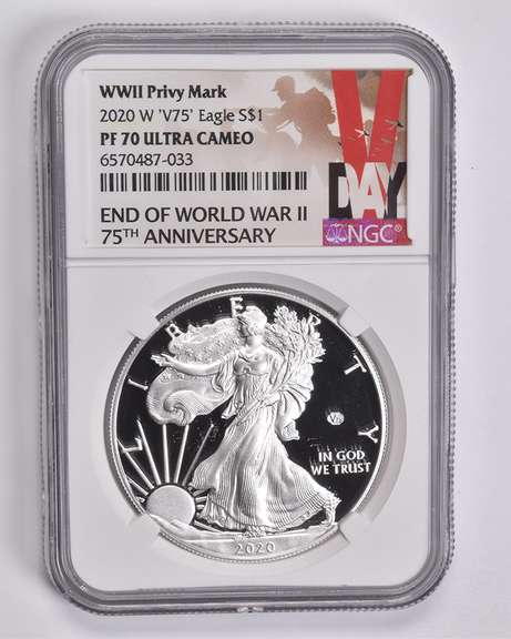 PF70 UCAM 2020-W American Silver Eagle V75 WWII Privy 75th Anniv NGC