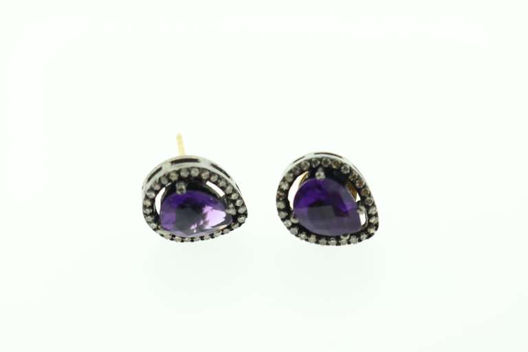Gothic Dark Silver Amethyst Earrings with Diamond Accents