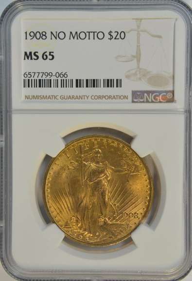 Super NGC MS65 graded 1908 No Motto St. Gaudens $20 Gold