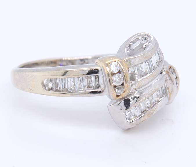 Sparkling White Gold Channel Set Baguette and Round Diamond Bypass Ring