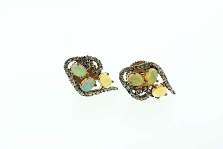Exotic Diamond Bordered Opal Triplet Earrings with Gold Plated Silver