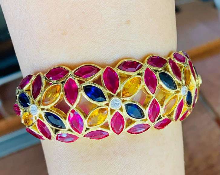 18kt Solid Yellow Gold Bangle Bracelet with Rubies, Sapphires, & Diamonds!