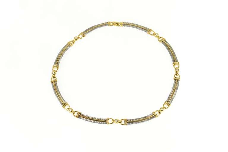18K Yellow Gold Designer Diamond Two Tone Twist Bar Collar Necklace