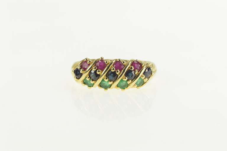 14K Yellow Gold Natural Emerald Ruby Sapphire Striped Band Ring