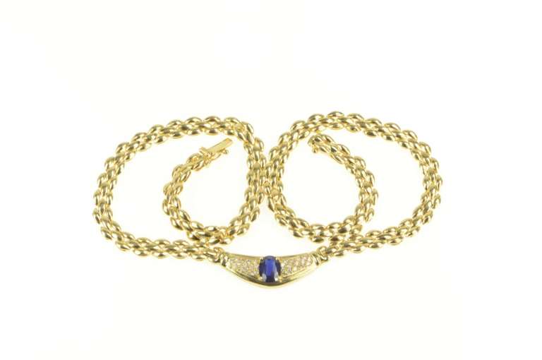 14K Yellow Gold 1.30 Ctw Sapphire Diamond Pendant Chain Necklace