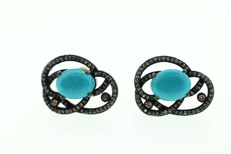 Stunning Diamond Encrusted Dark Silver Looped Earrings with Turquoise Colored Gemstone