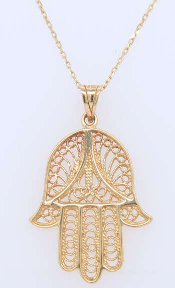 Incredible Yellow Gold Hamsa Pendant on Chain Necklace