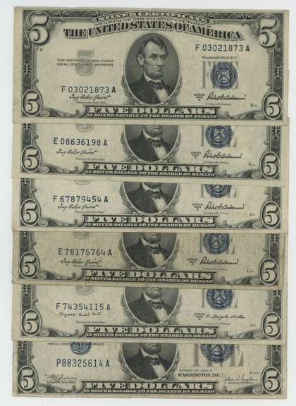 1934 and 5 1953 $5 Blue Seal Silver Certificates