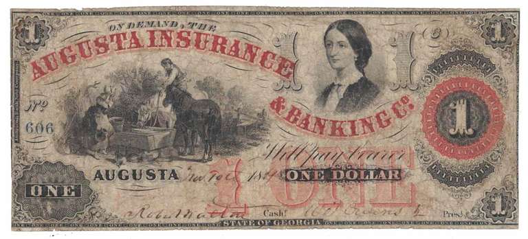 1861 $1 One Dollar The Augusta Insurance and Banking Co. cancelled Note