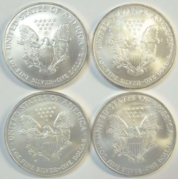 4 Diff. Superb Gem BU $1 Silver Eagle coins 2005 to 2008