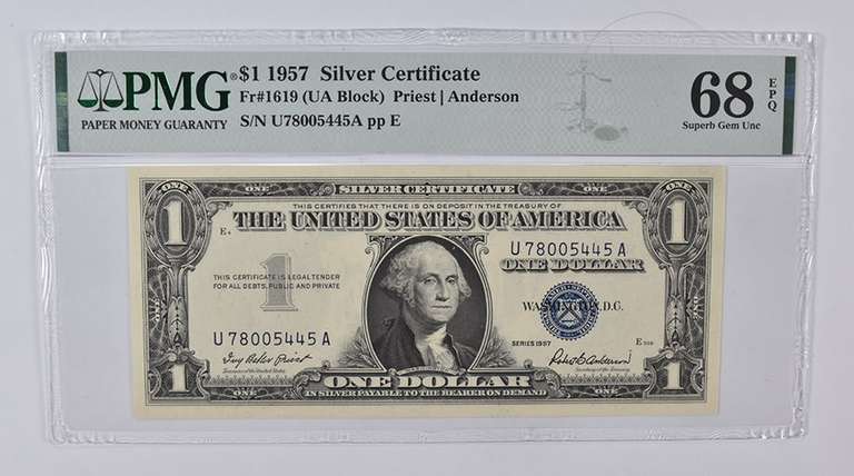 1957 $1 Silver Cert. Fr# 1619 (UA Block) PMG 68 EPQ Superb Gem UNC
