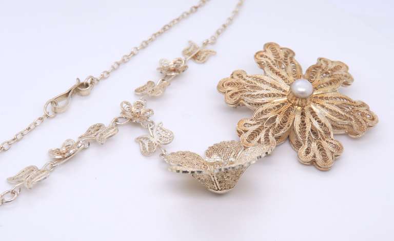 Vintage Sterling Silver Flower Necklace with Matching Flower Brooch Pendant