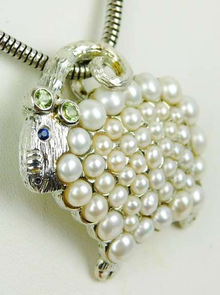 Sterling Pearls & Gemstones Figural Ram Necklace