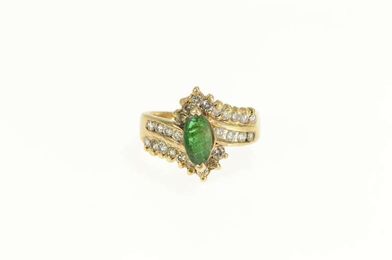 14K Yellow Gold Marquise Natural Emerald Diamond Bypass Ring