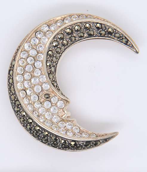 Vintage Sterling Silver Signed Moon Cubic Zirconia and Marcasite Pendant Brooch