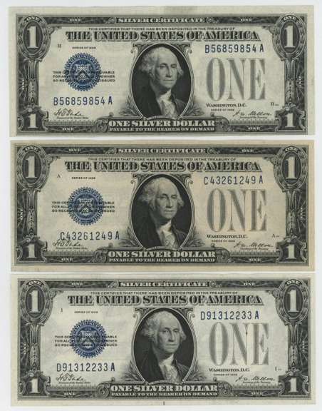 3 Nice CU 1928 Series $1 Silver Certificate notes