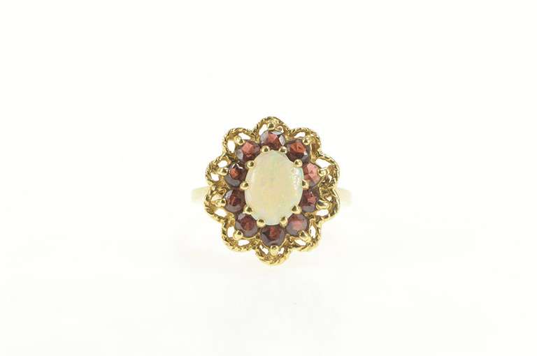 14K Yellow Gold Natural Opal Garnet Halo Ornate Cocktail Ring