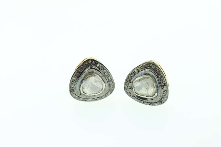 Angular Mine Cut Diamond Earrings with Gold Platted Silver and Diamond Accents