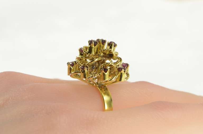 12K Yellow Gold 2.10 Ctw Natural Ruby 1960's Petal Cocktail Ring