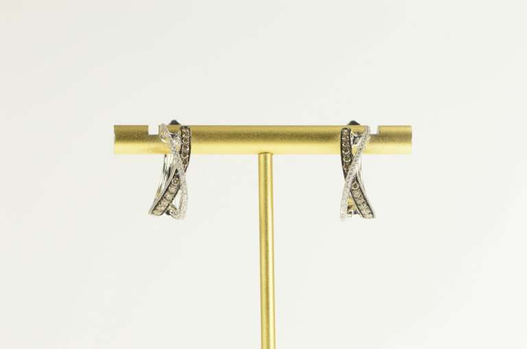 14K White Gold LeVian Criss Cross Diamond Oval Hoop Earrings