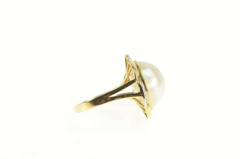 14K Yellow Gold Pearl Diamond Ornate Retro Swirl Cocktail Ring