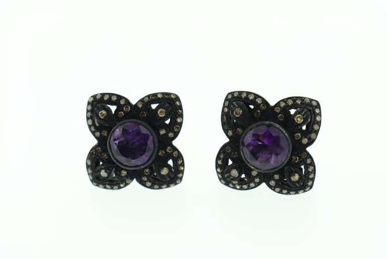 Gorgeous Dark Silver Amethyst Core Floral Earrings with Diamond Accents