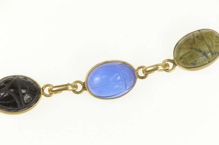Gold Filled Ancient Egyptian Scarab Beetle Carved Stone Bracelet
