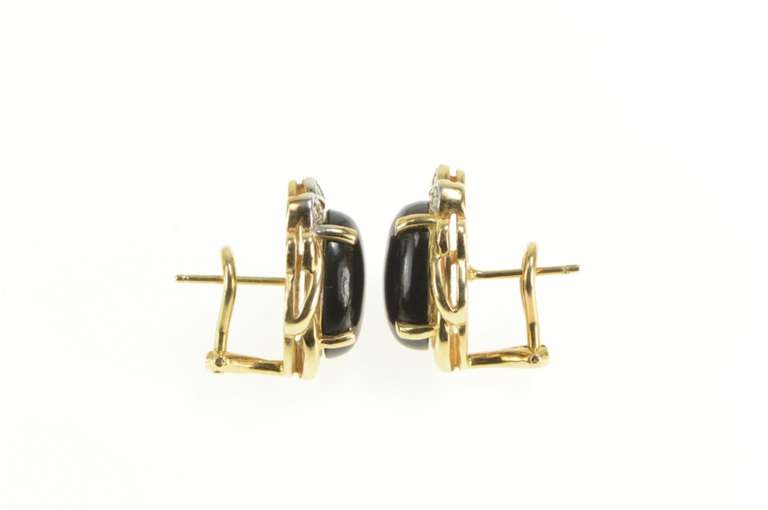 14K Yellow Gold Oval Black Onyx Diamond Ornate Lever Back Earrings