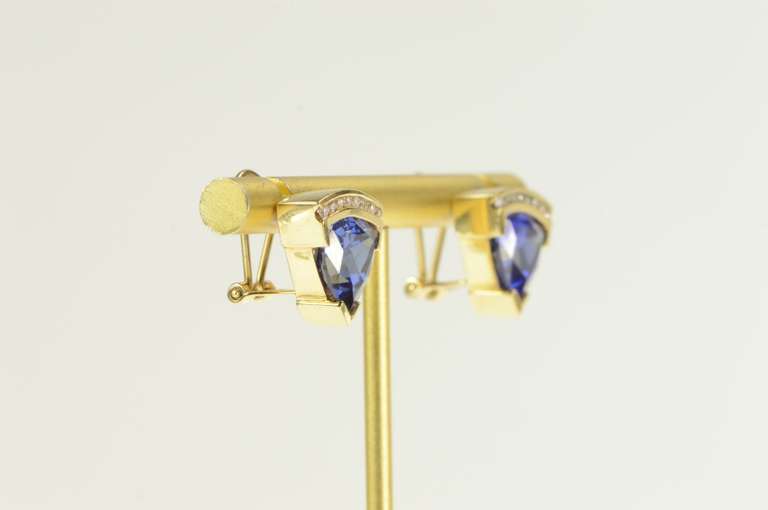 14K Yellow Gold 9.33 Ctw Trillion Sapphire Ornate French Clip Earrings