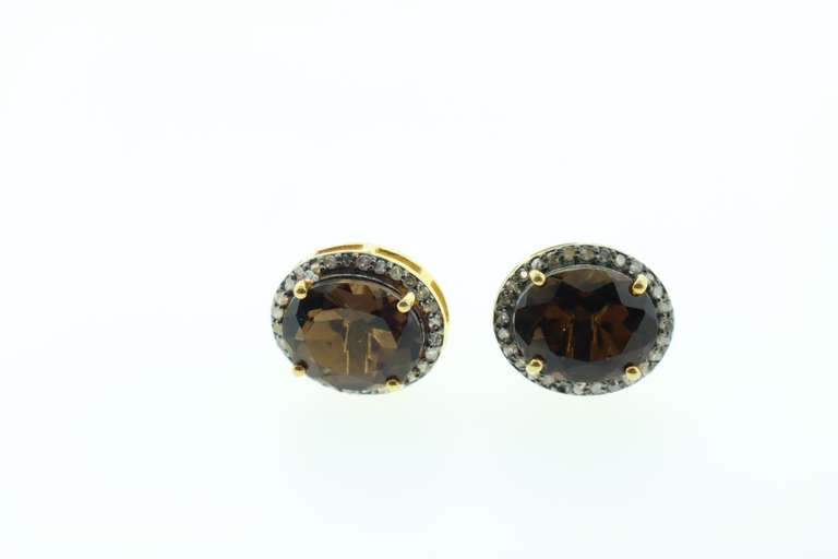 Engaging Brown Quartz Earrings with Gold Plated Silver and Diamond Accents