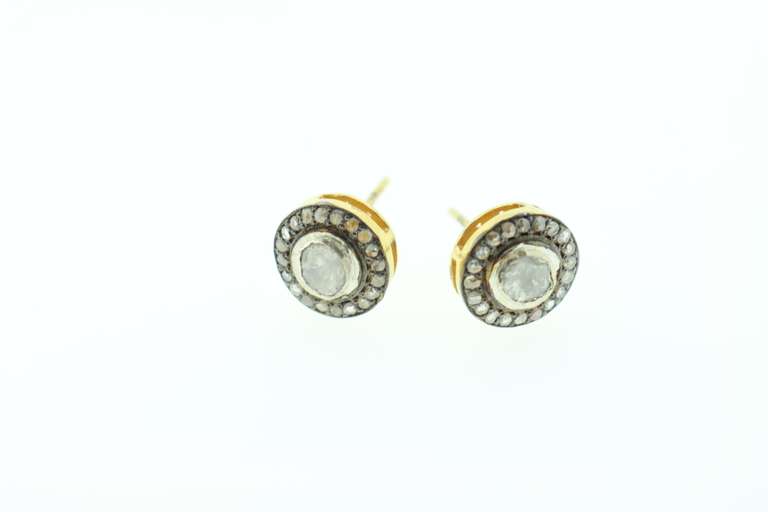 Stunning Gold Plated Silver Mine Cut Diamond Earrings with Diamond Accents