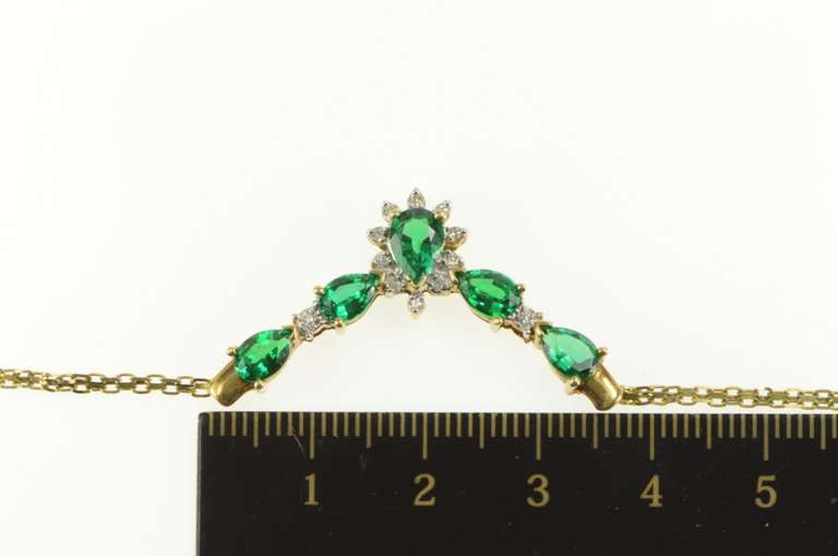 10K Yellow Gold Three Syn. Emerald Diamond Halo Chevron Necklace