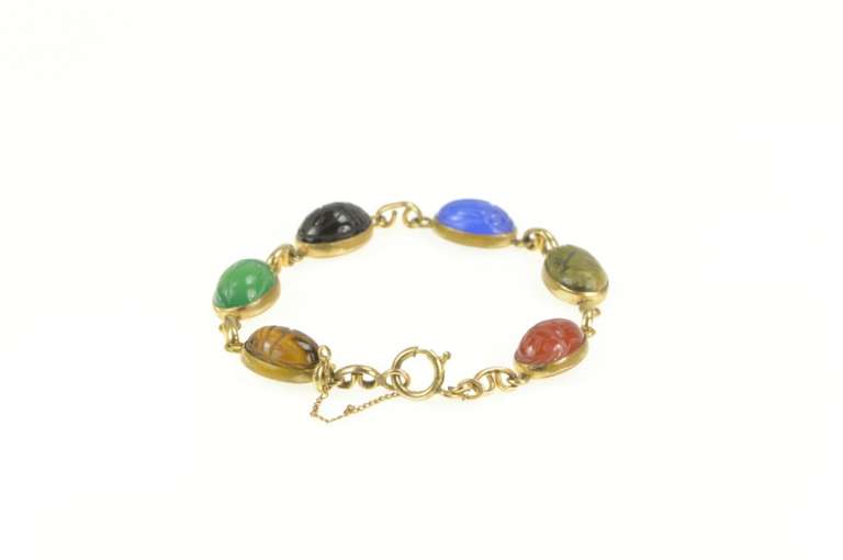 Gold Filled Ancient Egyptian Scarab Beetle Carved Stone Bracelet