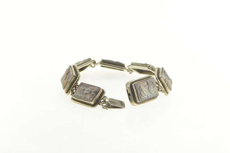 Sterling Silver Carved Ornate Greek Scene Mother of Pearl Bracelet