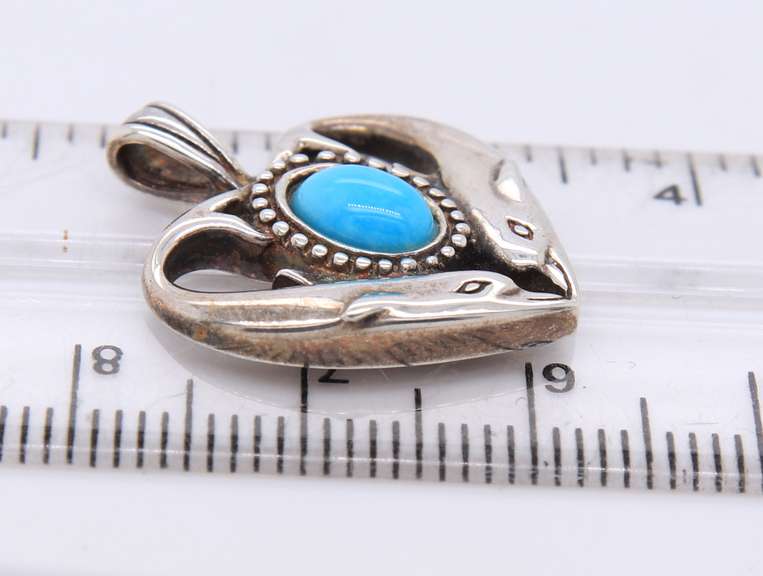 Vintage Sterling Silver Turquoise Heart Shaped Dolphin Pendant