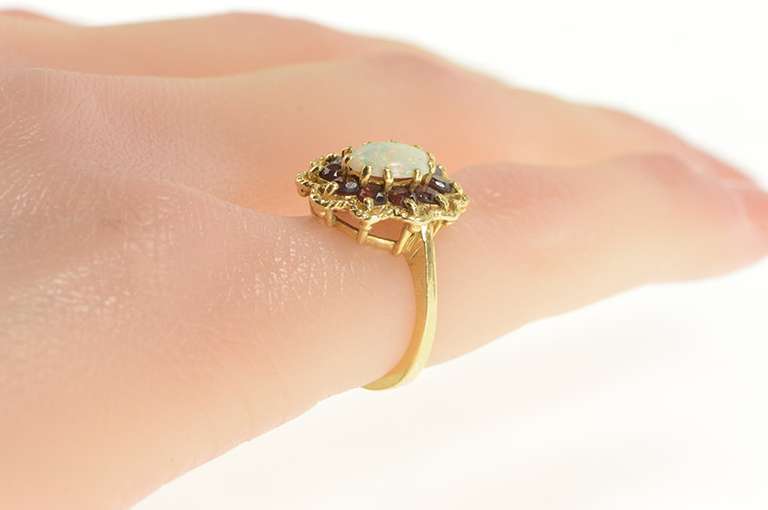 14K Yellow Gold Natural Opal Garnet Halo Ornate Cocktail Ring