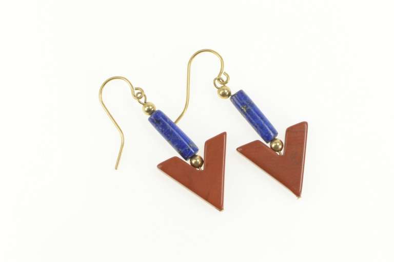 14K Yellow Gold Coral Lapis Lazuli Arrow Beaded Dangle Earrings