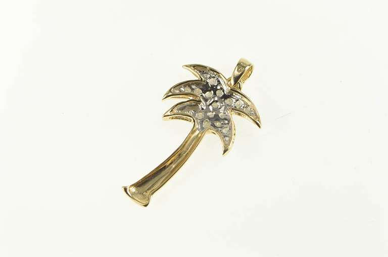 10K Yellow Gold Pave Diamond Palm Tree Tropical Motif Pendant
