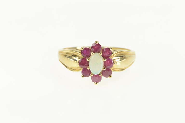 14K Yellow Gold Natural Opal Ruby Halo Unique Statement Ring