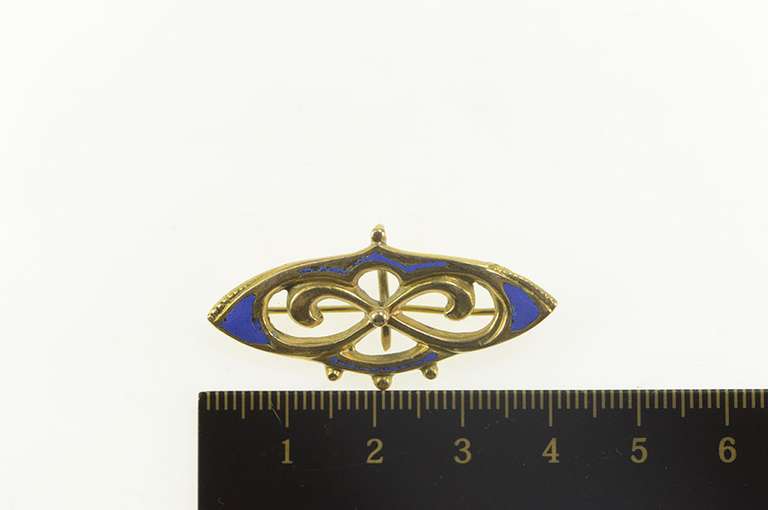 14K Yellow Gold Art Nouveau Blue Enamel Swirl Statement Pin/Brooch
