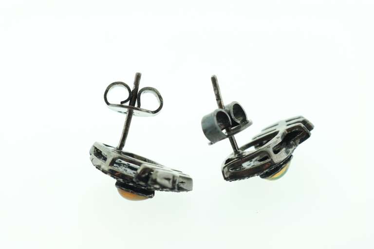 Gorgeous Dark Silver Opal Earrings with Diamond Accents