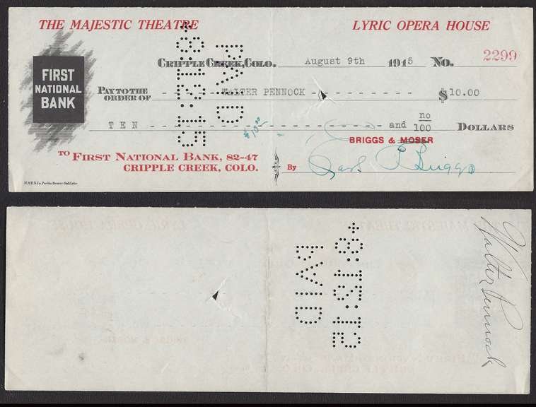 The Majestic Theatre Cripple Creek Co. Lyric Opera House Check. 1915