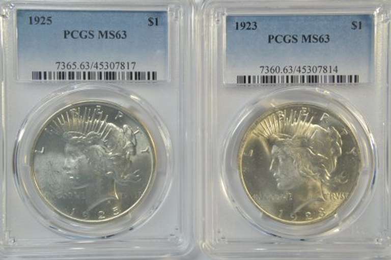 Choice BU 1923 & 1925 Peace Silver Dollars. PCGS MS63