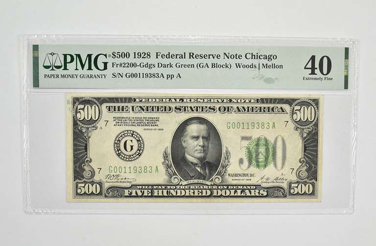$500 1928 Chicago FR Note PMG 40 XF Fr#2200-Gdgs (GA Block) Dark Green