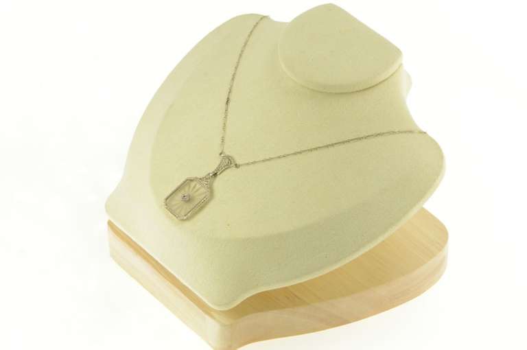 14K White Gold Art Deco Camphor Glass Filigree Diamond Necklace